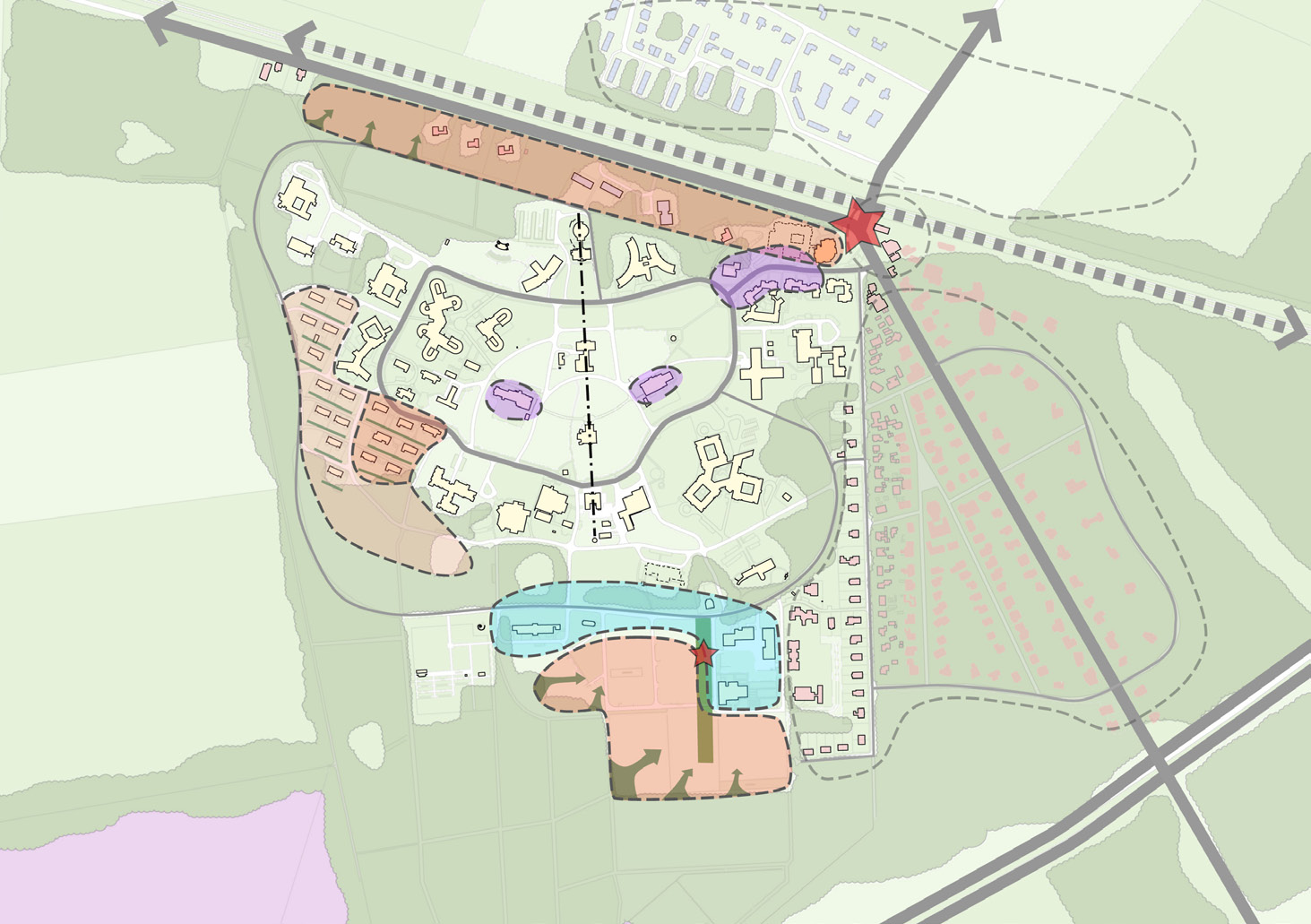 Visie op hoofdlijnen Concept Pro Persona wil haar zorgtaken concentreren op de locatie (zorggebied). In de directe schil rondom de middenas zijn alle zorggebouwen gelokaliseerd.