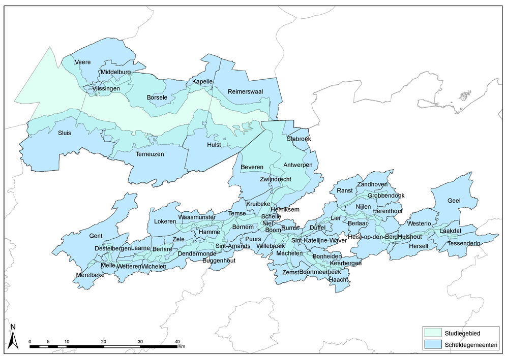 Figuur 1: Kaart van de huidige Scheldegemeenten (gemeenten waarvan meer dan 0,5% van het oppervlak in het studiegebied van het Natuurontwikkelingsplan Schelde-estuarium gelegen is) (2) Beschouw