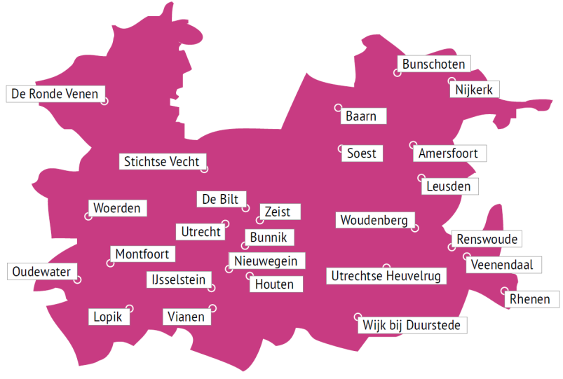 3.4.9 Zorgkantoorregio Utrecht Zorgkantoorregio Utrecht bestaat uit 26 gemeenten en 6 Wmoregio s. Zorgkantoorregio Utrecht telde in 2015 1.296.000 inwoners. Hiervan waren 49.