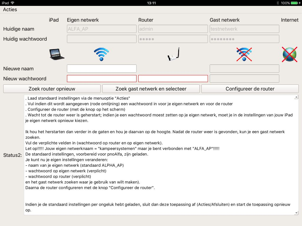 Laad nu eerst de standaard instellingen via het menu Acties.