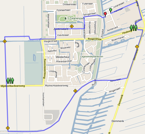 woensdag 25 mei 2011-5 km de Boei* 0,0 RD Reigerstraat (wandelpad) 4,5 LA Kerklaan 0,3 LA Waterhoenlaan 4,7 RA Herenweg 0,5 RA Scholeksterlaan 5,1 RA Kerkelanden (rechts om) 0,6 LA Plevierenlaan 5,3
