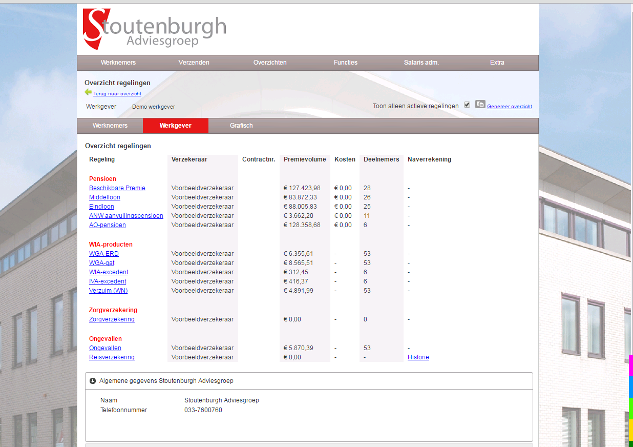 10. Overzicht regelingen Door op het menu-item Werkgever te klikken, kunt een overzicht tonen van alle regelingen die voor u, als werkgever, zijn ingericht in Stoutenburgh Plaza.