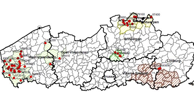 Figuur 94 VODKA-gebied 2015 en locatie van rode MAP-meetpunten waar rond gewerkt werd (lichtgroen: focusgebied, groen: aandachtsgebied tuinbouw, geel: aandachtsgebied effluent, bruin: aandachtsgebied