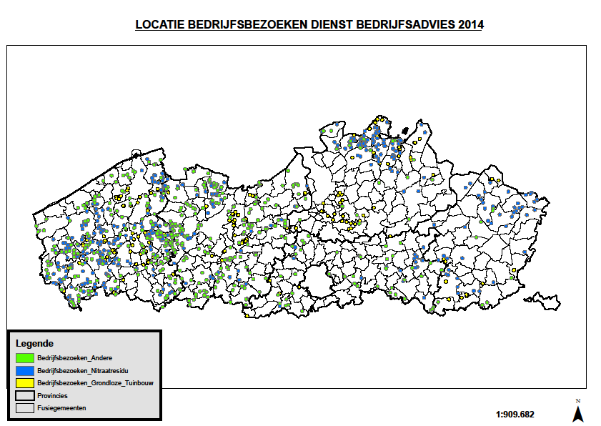 Figuur 112 Locatie van de bedrijfsbezoeken door Bedrijfsadvies in 2014 De helft van de begeleide bedrijven in 2014 zijn rundveebedrijven.