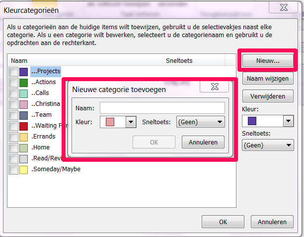 TO CATEGORIZE A TASK: 1. Double-click to open the task. 2. Categoriseren ->select the category 3. Opslaan en sluiten -OR- 1. Right-click on the task. 2. Categoriseren ->select the category TO SETUP THE TASK LIST VIEW: 1.