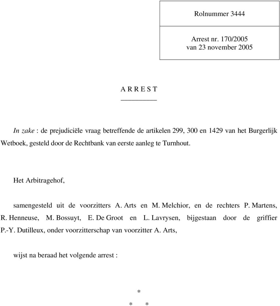 Burgerlijk Wetboek, gesteld door de Rechtbank van eerste aanleg te Turnhout. Het Arbitragehof, samengesteld uit de voorzitters A.