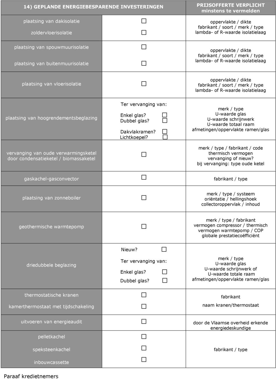 oppervlakte / dikte fabrikant / soort / merk / type lambda- of R-waarde isolatielaag plaatsing van hoogrendementsbeglazing vervanging van oude verwarmingsketel door condensatieketel / biomassaketel