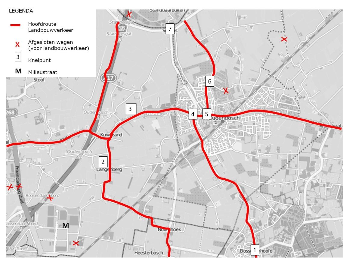 2.3 Knelpunten landbouwverkeer Kaart 4: Knelpunten op hoofdroutes landbouwverkeer Door de vertegenwoordigers van de landbouwsector zijn op de eerder aangegeven hoofdroutes van het landbouwverkeer in