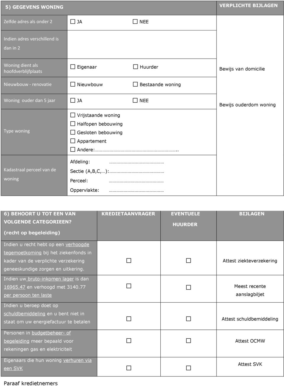 Appartement Andere:.. Afdeling: Sectie (A,B,C, ): Perceel: Oppervlakte: 6) BEHOORT U TOT EEN VAN KREDIETAANVRAGER EVENTUELE BIJLAGEN VOLGENDE CATEGORIEEN?