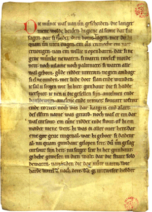 77 De Aiol-fragmenten. Handschrift van omstreeks 1220, geschreven in de streek van Venlo: de passage waarin de monniken als roofridders worden ontmaskerd. (Brussel, Kon. Bibl.