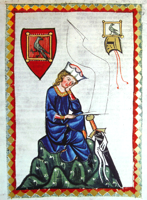 152 De dichter-minnaar Walther von der Vogelweide in de Manesse-codex.