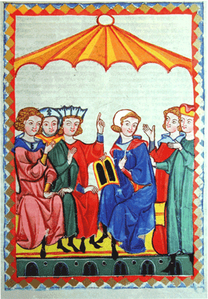 Een groep mensen in een tent verzameld rond de beroemde dichter Gottfried von Strassburg in de Manesse-codex. De man met de kroon en de opgestoken linker wijsvinger is graaf Herman van Thüringen.