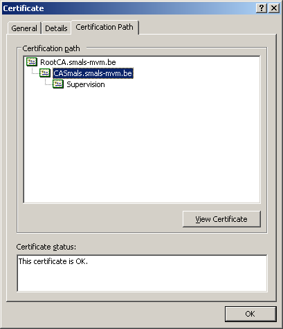 In het submenu Certification path kan u controleren of het certificaat een correcte chain bevat.