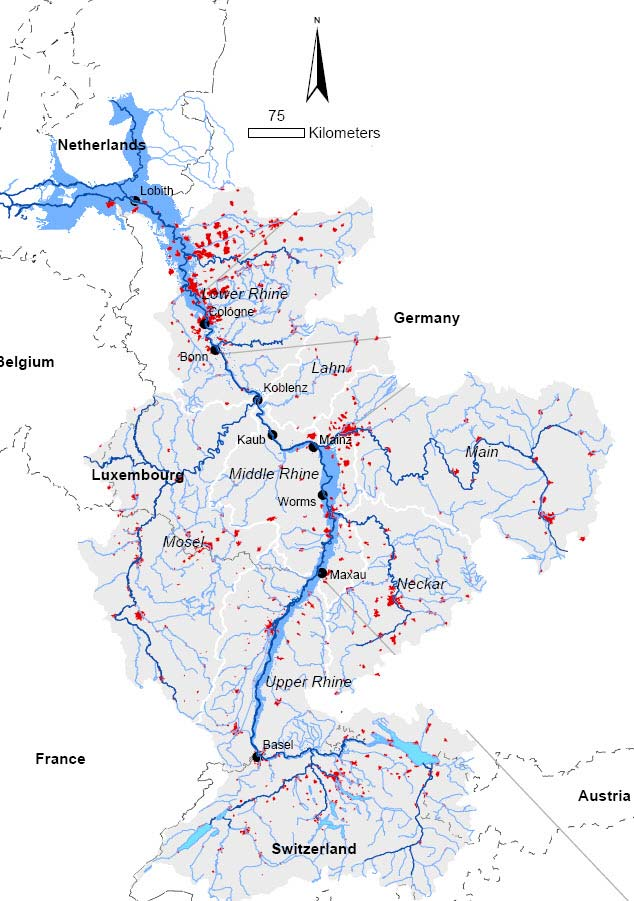 Bijlage 7a: Potentieel overstroomde gebieden als gevolg van dijkoverstromingen langs de Rijn benedenstrooms van het