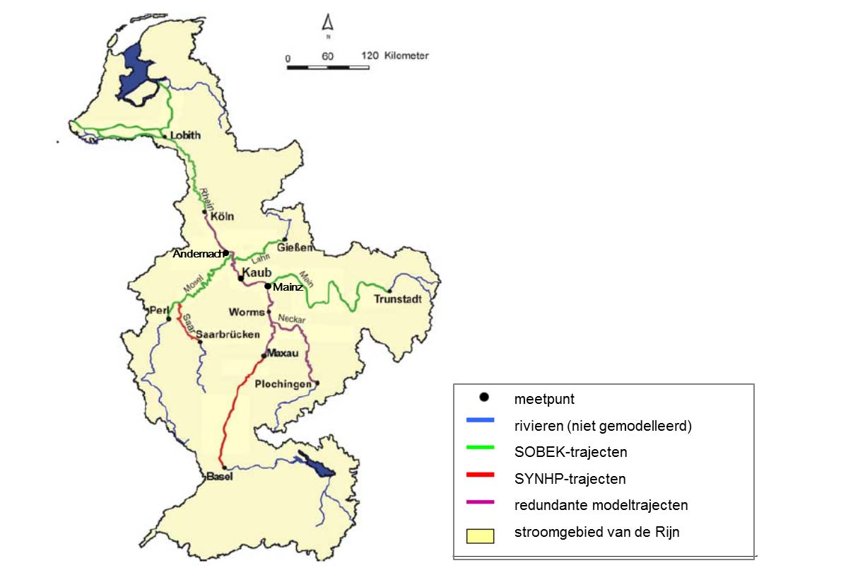 Figuur 4.1: Riviertrajecten van het zogenaamde ruggengraatmodel in het Rijnstroomgebied (bron: ICBR-rapport 153, 2006 (alleen beschikbaar in het Frans en het Duits) 5.