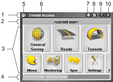 Trimble Access Kenmerken en functies van Trimble Access Gebruik het Trimble Access menu om de applicaties te starten en tussen de applicaties en de diensten in Trimble Access software te navigeren.