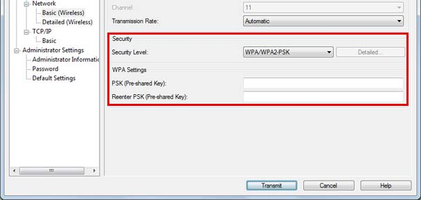 Installatie Instelling Detailed Beschrijving Geef het scherm Detailed Security Settings weer. Stel AP Authentication Method in op Open System of Shared Key in het scherm Detailed Security Settings.