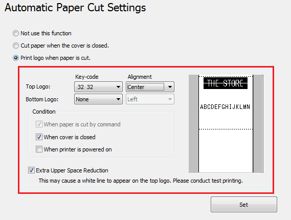 TM-T88V Utility C Configureer Print logo when paper is cut (Logo afdrukken wanneer het papier gesneden is).