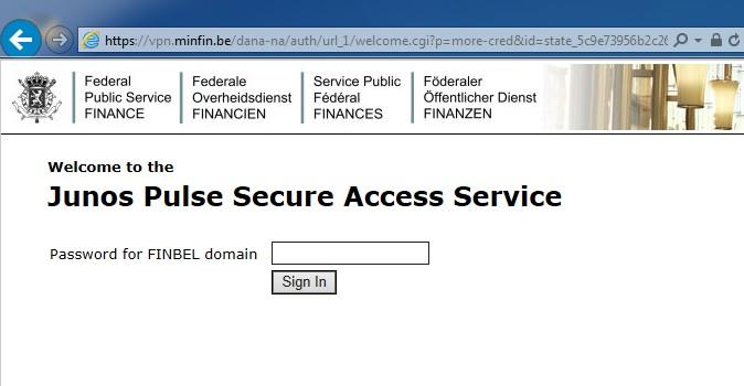 Website VPN: Junos Pulse Secure Access Service Wanneer u na het ingeven van uw FINBEL-wachtwoord een foutmelding krijgt wil dit zeggen dat u geen toegang heeft tot de VPN.