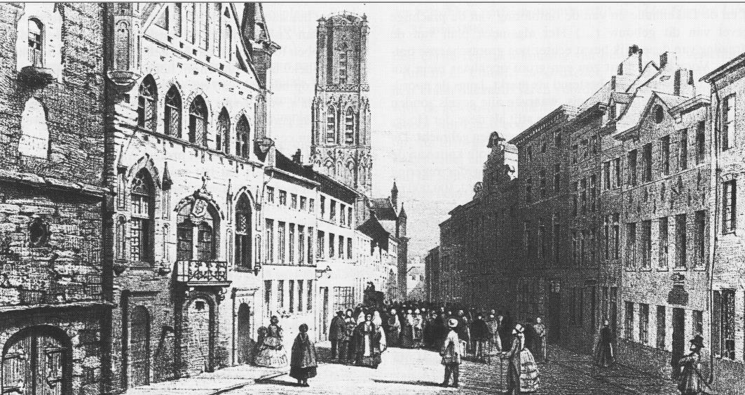 De St janstraat rond 1840/50 tussen het belfort,