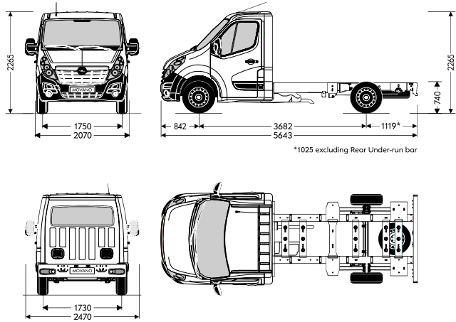 Maten en gewichten 3/13 Chassis Cabine L2H1 FWD Chassis Cabine L2H1 3500 Afmetingen (mm) Wielbasis 3.682 Totale lengte 5.643 Maximal geoorloofde voertuig lengte 5.924 Overbouw voor/achter 842/1.