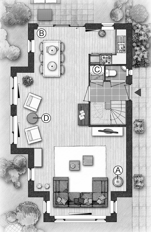 1p 3 Op de afbeelding zie je een plattegrond van een woning. Welke plek is het meest geschikt voor een bloeiende kamerplant die niet op de tocht mag staan?