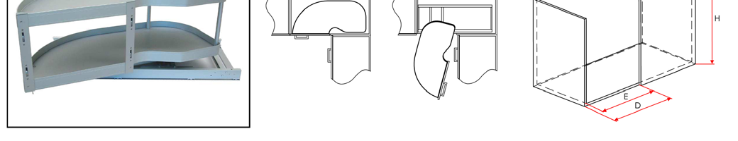 HOEKKASTMECHANISME CHECKMATE FRONT hoekkastsysteem gemonteerd op een geleider met zelfsluitend mechanisme 2 vaste plateaus met wanden in geanodiseerd aluminium de geleider wordt gemonteerd op de