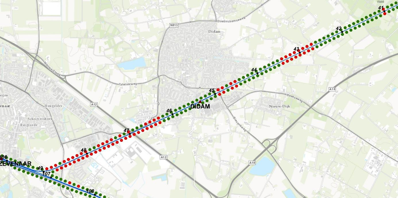 Afbeelding 5 Referentiepunten waarvoor GPP s gewijzigd moeten worden (rood) Beoordeling effecten geluidhinder Voor de wijzigingen aan het spoor tussen Zevenaar en Wehl is een vormvrije m.e.r.-beoordeling uitgevoerd om te bepalen of er een milieueffectrapport moet worden opgesteld.