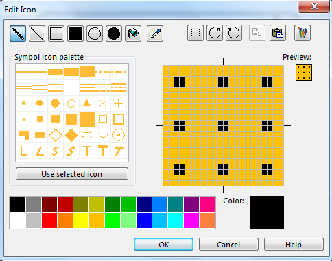 8. Icon editor Eerst de icoontjes bovenaan pen : teken alleenstaande pixels lijn : teken een rechte lijn rechthoek ; teken een rechthoek (omtrek) gevulde rechthoek : teken een gevulde rechthoek