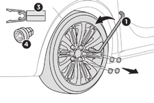 Praktische informatie Demonteren van het wiel Stilzetten van de auto Zet de auto op een plaats waar het verkeer niet gehinderd wordt en zorg ervoor dat de auto op een horizontale, stabiele en stroeve