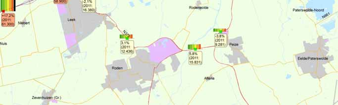 Mobiliteitsontwikkeling 2006-2012 Corridor A7 (Roden/Leek/Drachten) Mobiliteitsontwikkeling 2006-2011 Waarnemingen De verkeersgroei op het traject Marum Boerakker is relatief sterk en is in lijn met