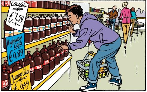 4 Een supermarktfiliaal verkoopt cola van zowel een A-merk, B-merk als hun eigen huismerk. In totaal verkopen ze per week 1.800 flessen cola.
