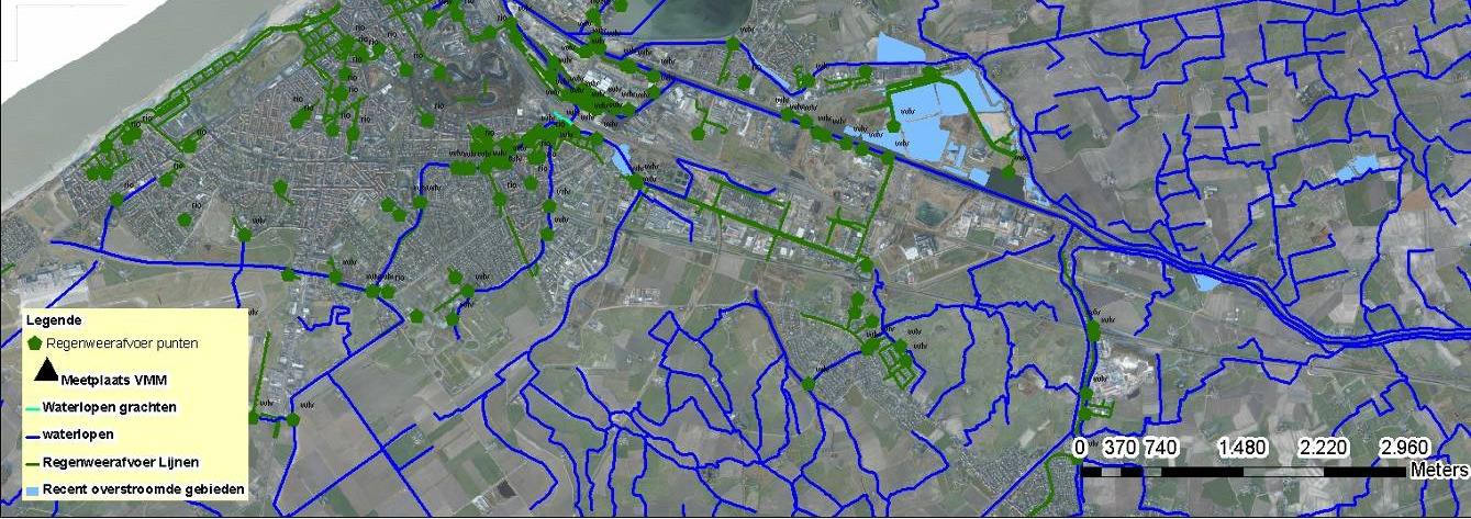 Bijlage 6: Rioleringskaart omgeving. In bovenstaande figuur wordt de rioleringskaart van een deel van Oostende en Bredene weergegeven.