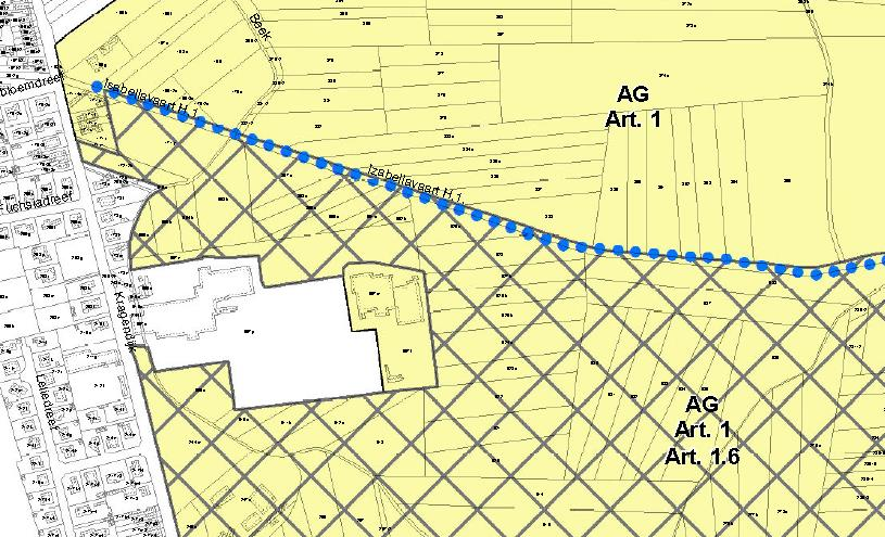 Figuur 2: situering van het plangebied ten opzichte van het herbevestigde agrarisch gebied (gele vlakken) en de AGNAS-actiegebieden (bruine en oranje vlakken) In uitvoering van dit AGNAS-actiegebied