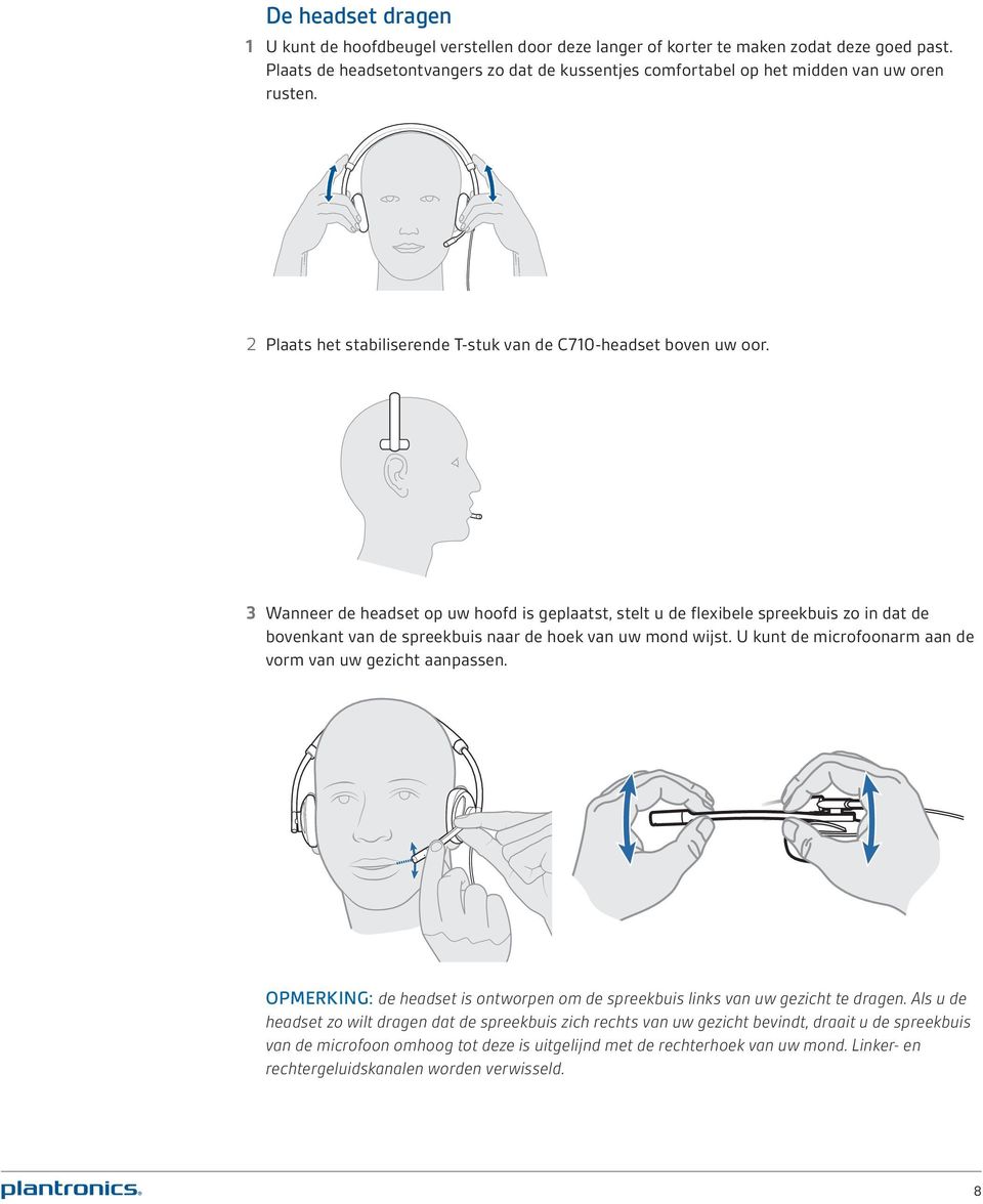 3 Wanneer de headset op uw hoofd is geplaatst, stelt u de flexibele spreekbuis zo in dat de bovenkant van de spreekbuis naar de hoek van uw mond wijst.