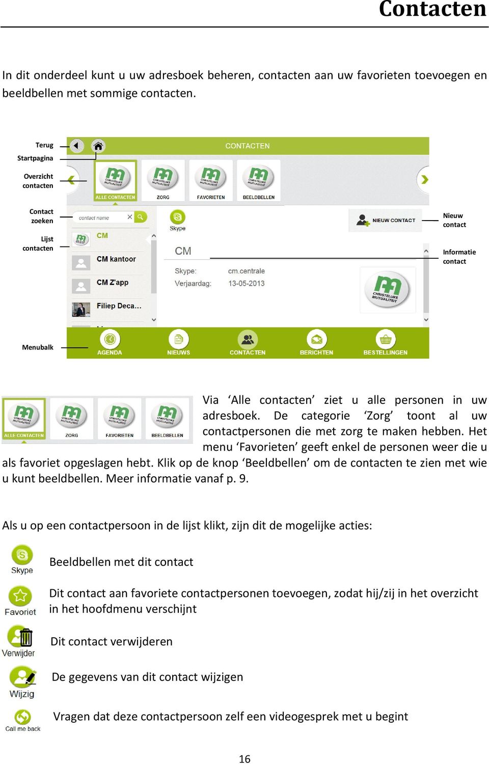 De categorie Zorg toont al uw contactpersonen die met zorg te maken hebben. Het menu Favorieten geeft enkel de personen weer die u als favoriet opgeslagen hebt.