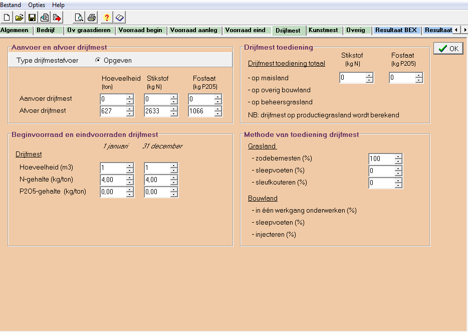 Tabblad Voorraad begin/voorraad aanleg/ Voorraad eind Bij het kiezen van de voersoort kan er niet gekozen worden voor tarwegistconcentraat (TGC), dit product wordt op veel bedrijven gebruikt.