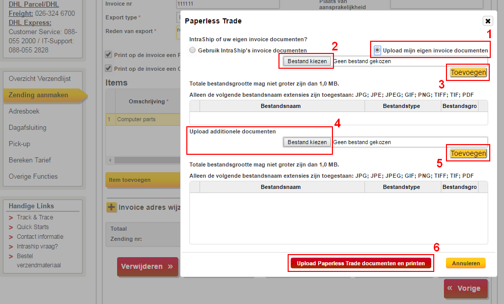 11 Paperless Trade upload Heeft u een invoice in Intraship aangemaakt? Dan is de optie Gebruik Intraship s invoice documenten (1) aangevinkt.