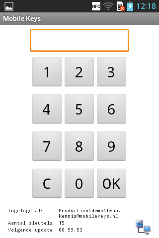 Ontgrendelen van de Mobile Keys App Nadat u succesvol bent aangemeld bij de Mobile Keys server, komt u in het Pincode ontgrendelscherm terecht, dit is het basisscherm van de Mobile Keys App waar