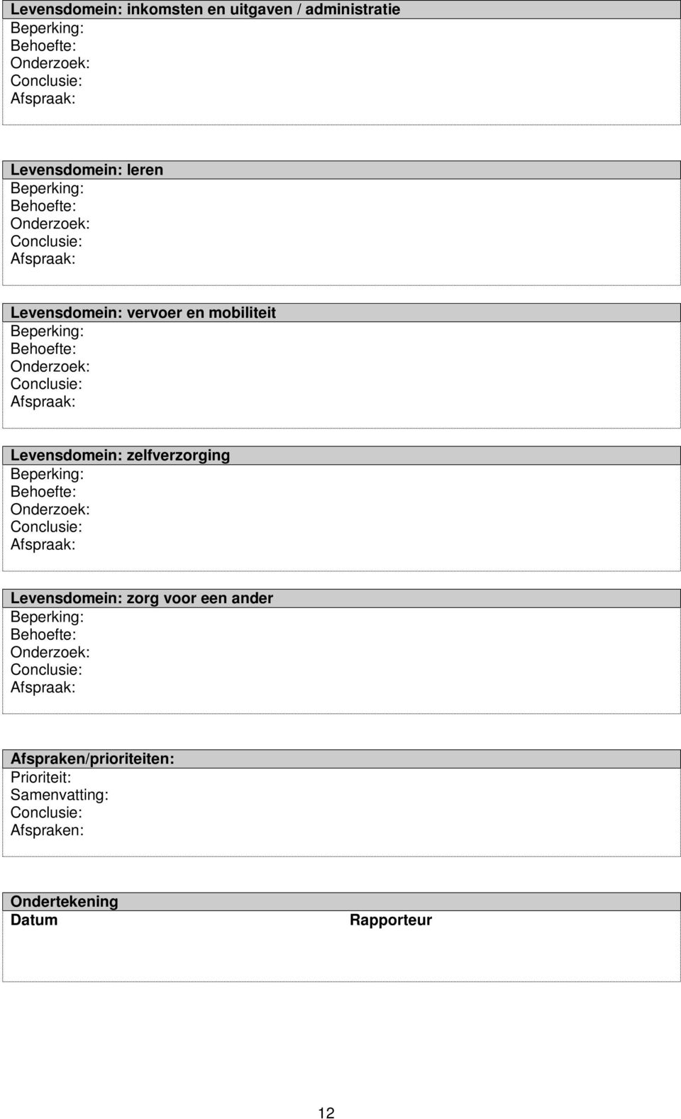 Levensdomein: zelfverzorging Beperking: Behoefte: Onderzoek: Conclusie: Afspraak: Levensdomein: zorg voor een ander Beperking: