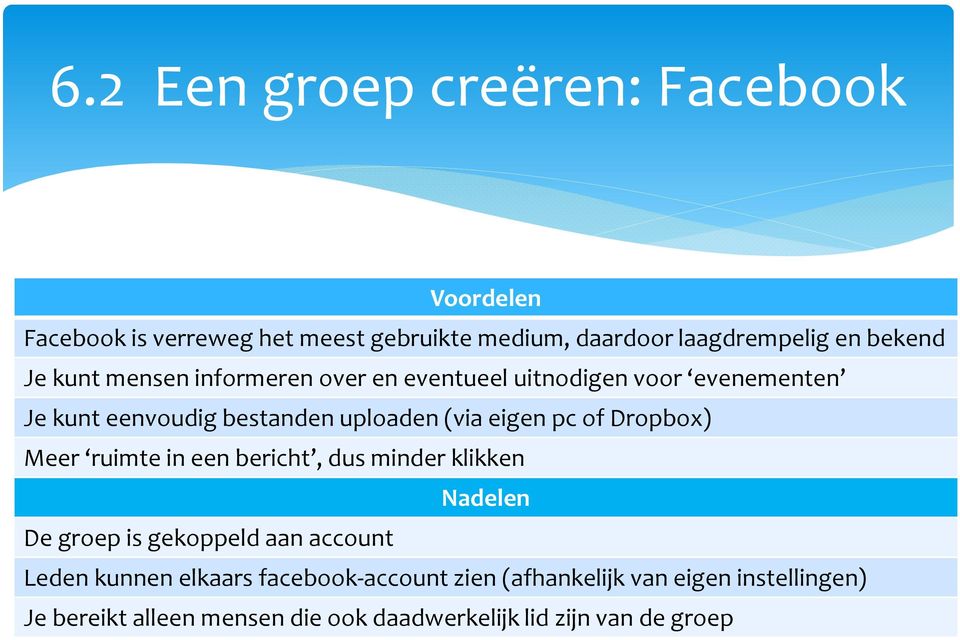 of Dropbox) Meer ruimte in een bericht, dus minder klikken Nadelen De groep is gekoppeld aan account Leden kunnen elkaars