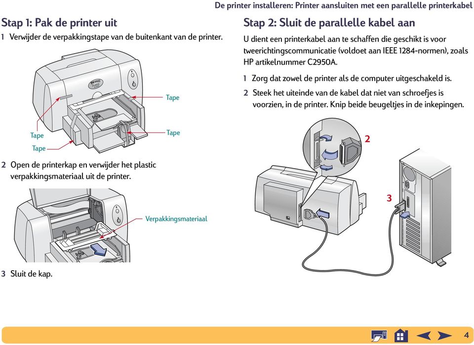 is voor tweerichtingscommunicatie (voldoet aan IEEE 1284-normen), zoals HP artikelnummer C2950A. 1 Zorg dat zowel de printer als de computer uitgeschakeld is.