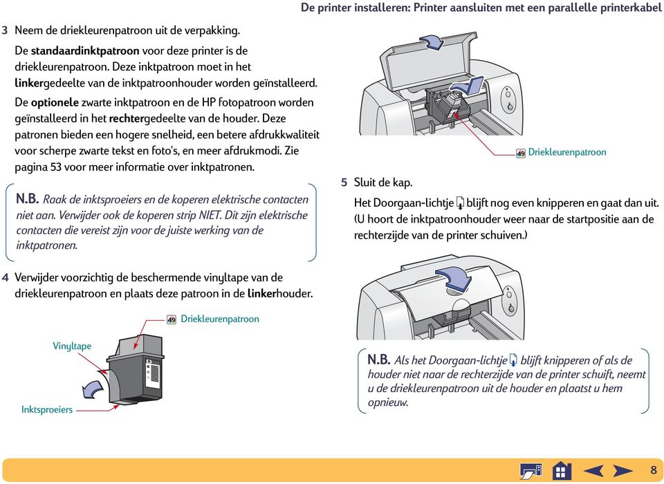 De optionele zwarte inktpatroon en de HP fotopatroon worden geïnstalleerd in het rechtergedeelte van de houder.