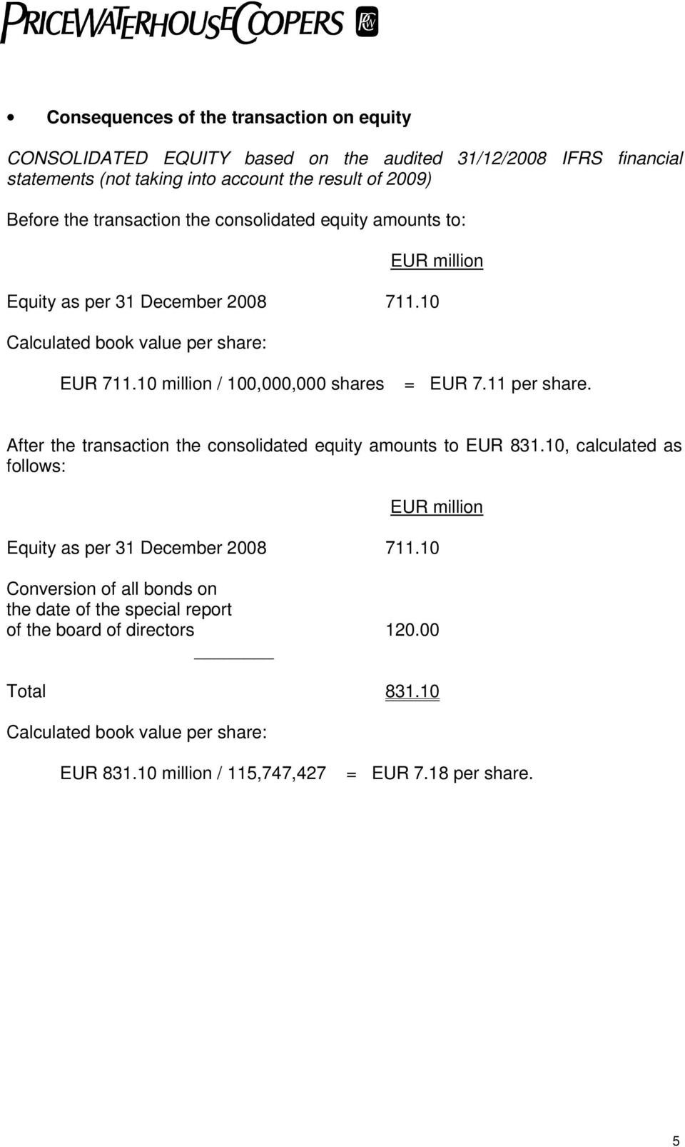 10 million / 100,000,000 shares = EUR 7.11 per share. After the transaction the consolidated equity amounts to EUR 831.