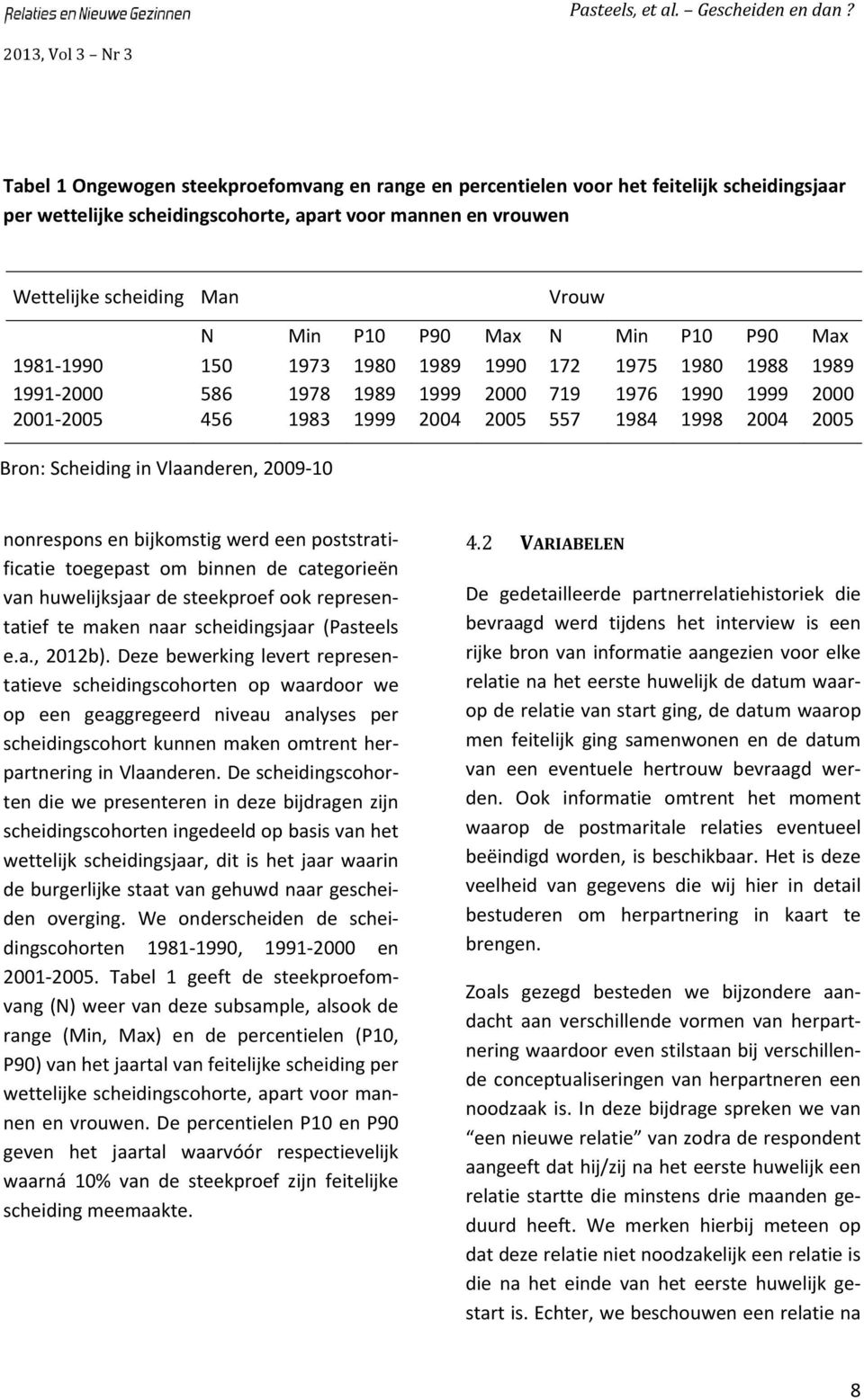 Vlaanderen, 2009 10 nonrespons en bijkomstig werd een poststratificatie toegepast om binnen de categorieën van huwelijksjaar de steekproef ook representatief te maken naar scheidingsjaar (Pasteels e.