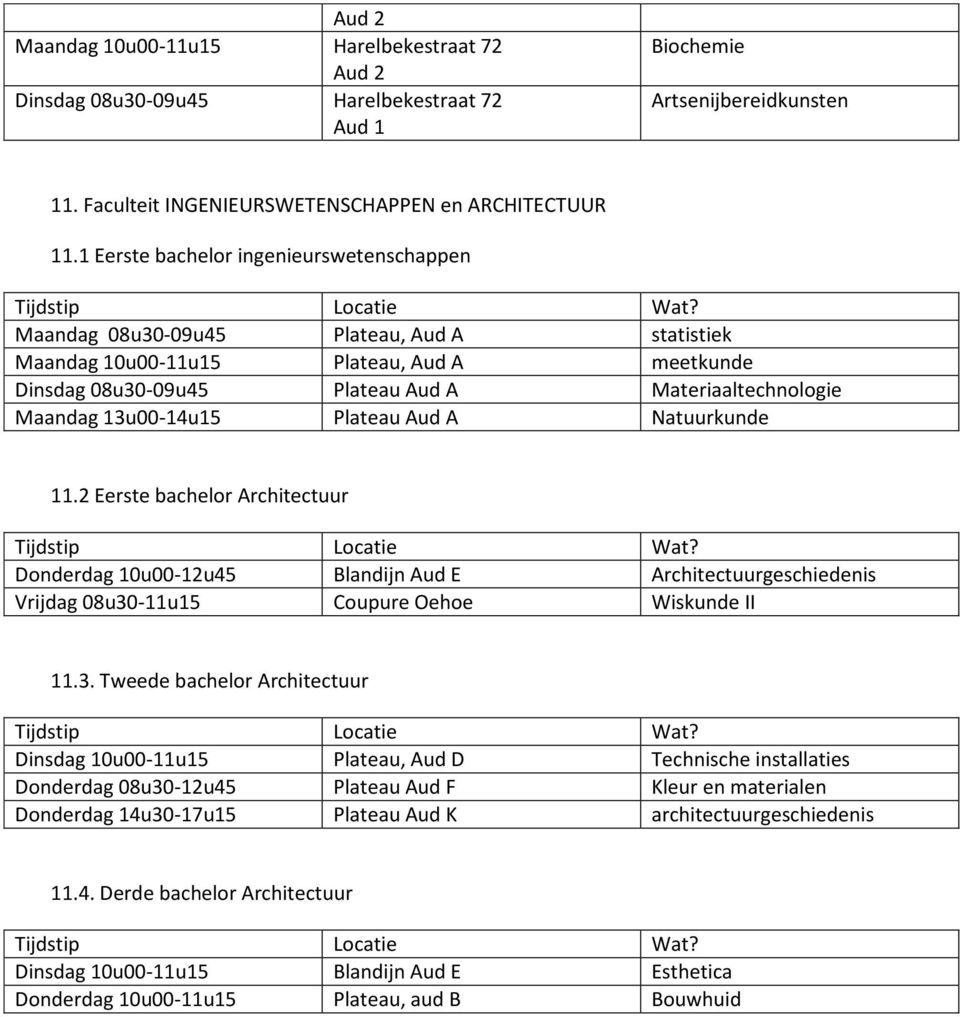 Natuurkunde 11.2 Eerste bachelor Architectuur Donderdag 10u00-12u45 Blandijn Aud E Architectuurgeschiedenis Vrijdag 08u30