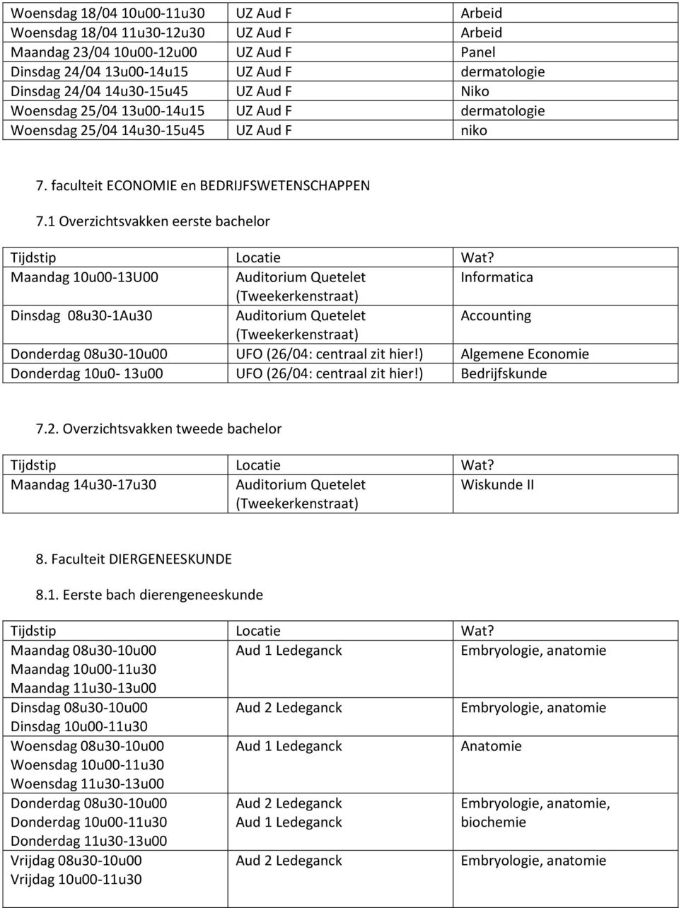 1 Overzichtsvakken eerste bachelor Maandag 10u00-13U00 Auditorium Quetelet Informatica (Tweekerkenstraat) Dinsdag 08u30-1Au30 Auditorium Quetelet Accounting (Tweekerkenstraat) Donderdag 08u30-10u00