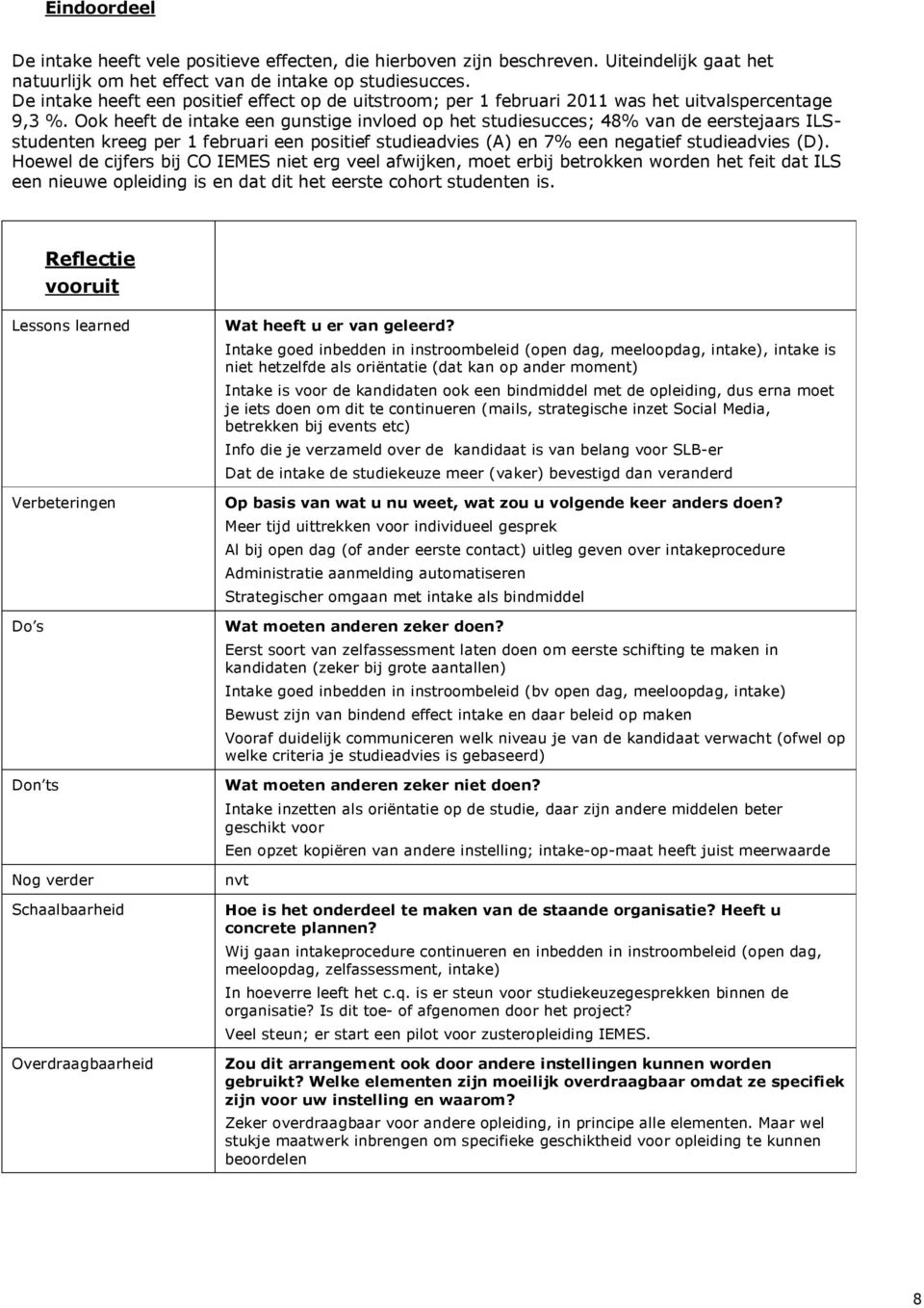 Ook heeft de intake een gunstige invloed op het studiesucces; 48% van de eerstejaars ILSstudenten kreeg per 1 februari een positief studieadvies (A) en 7% een negatief studieadvies (D).