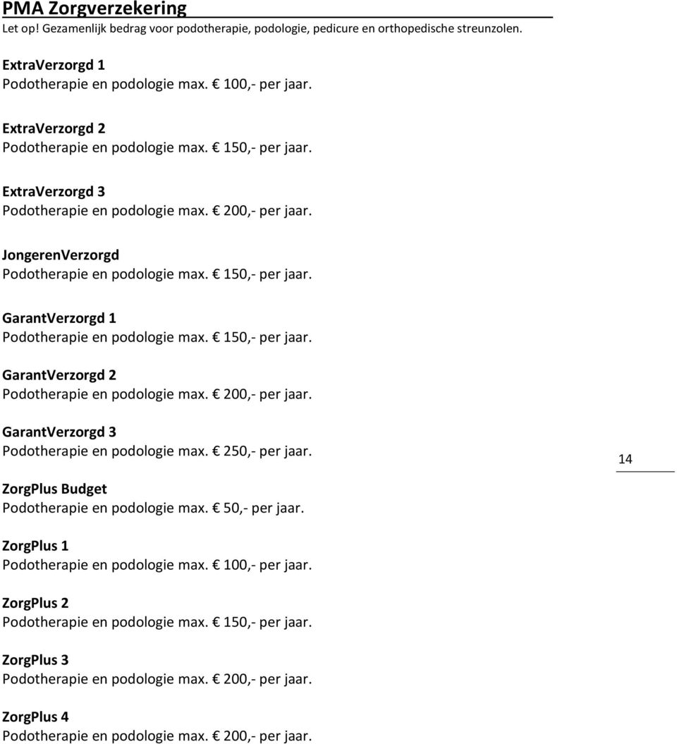 JongerenVerzorgd GarantVerzorgd 1 GarantVerzorgd 2 Podotherapie en podologie max. 200,- per jaar. GarantVerzorgd 3 Podotherapie en podologie max. 250,- per jaar.