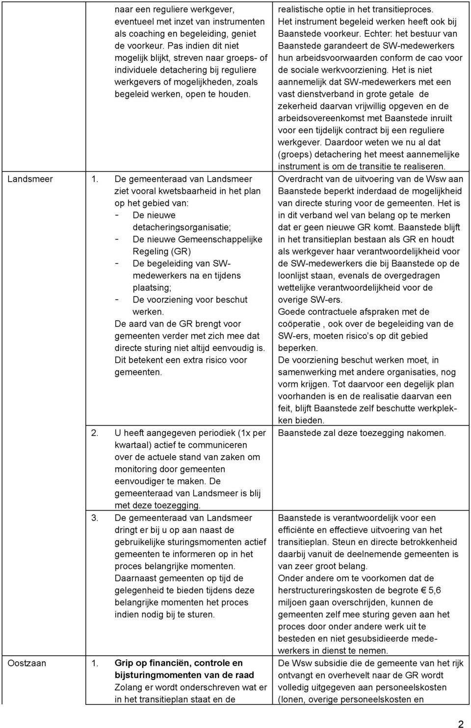 De gemeenteraad van Landsmeer ziet vooral kwetsbaarheid in het plan op het gebied van: - De nieuwe detacheringsorganisatie; - De nieuwe Gemeenschappelijke Regeling (GR) - De begeleiding van